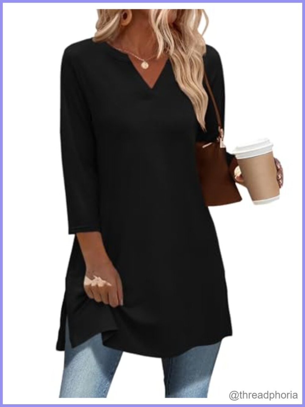 3/4 Sleeve V Neck Tunic Top Side Slit Loose Fit Womens Casual Blouse